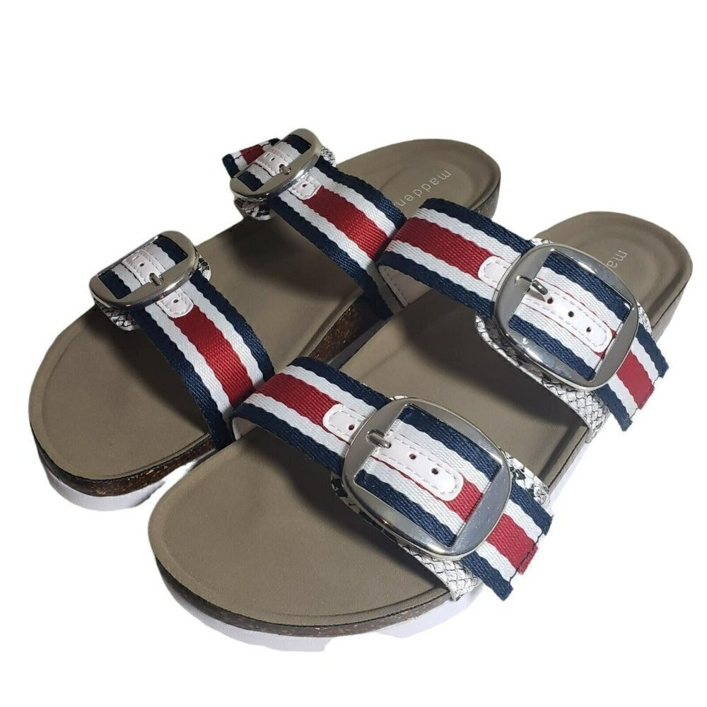 Madden Girl Womens BamBamm Striped Open Toe Slip On Flat Sandals Slides Size 7.5